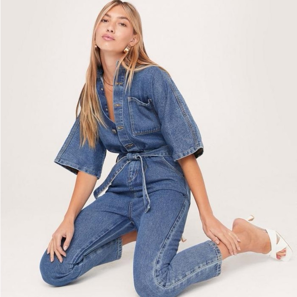 Nasty gal Organic Denim Tie Waist Jumpsuit Size 4
